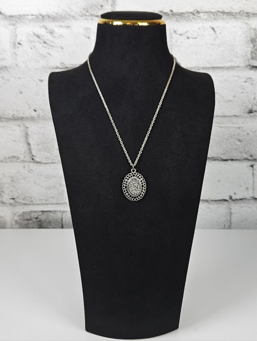 Silver Tone Oval Druzy Rhinestone Filigree Pendant Necklace